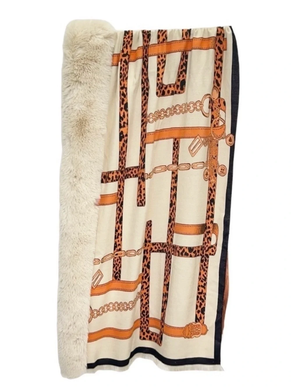 La Fiorentina Wrap with Faux Fur Trim Scarf Camel/Orange 72”x24” Leopard New NWT